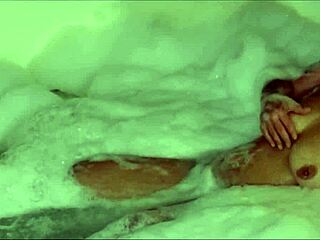 Watch shaved pussy gaping after handjob and cum on tits in voyeur jerk off