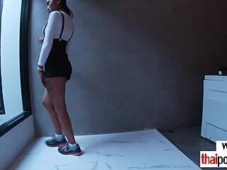 Small petite Asian woman gives her friend a hardcore footjob