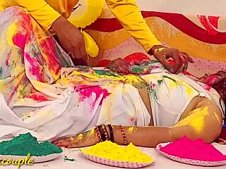 During Holi festival, a man passionately fucks a beautiful widow bhabhi. They engage in blowjob and doggystyle positions intensely.