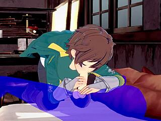 ¡Yaoi de Konosuba! Kazuma recibe semen en boca de mamada en porno anime japonés