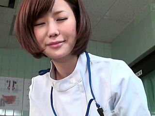 Japanese female doctor gives a handjob to a patient with subtitles