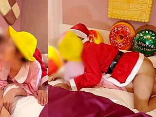 クリスマスコスプレでアジアカップル、サンタと妊娠練習、ちっちゃい18+マンコに中出しでディルティートーク