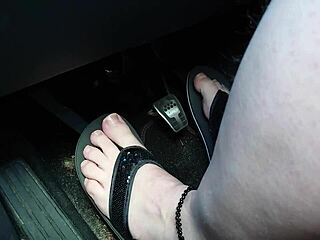 Barefoot chubby amateur driving in flip flops