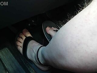 Barefoot chubby amateur driving in flip flops
