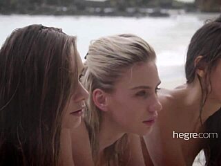 Vier schöne Girls nackt am Strand