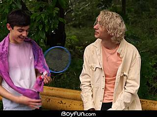 boyfun starts with outdoor blowjob, then indoor twink bareback fucking