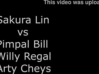 Asian teen Sakura takes three monster cocks anally.