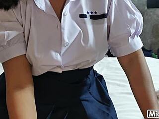 Thai Student Sucks Big Cock, Rides It, Gets Cum In Skirt!