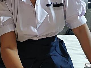 Thai Student Sucks Big Cock, Rides It, Gets Cum In Skirt!