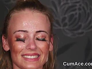 Honey swallows cumshot on her face in blowbang