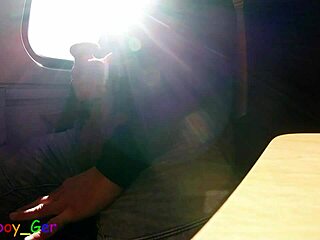 very spontaneous quick gay jerk off and big cumshot on a driving train.