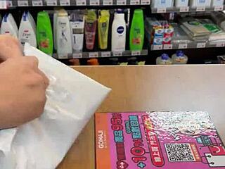 Asian Ladyboy Excitedly Shows New Thong in Store