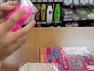 Asian Ladyboy Excitedly Shows New Thong in Store