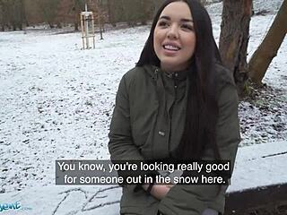 Public Agent Spanish Brunette Flashes Big Tits in Snow!