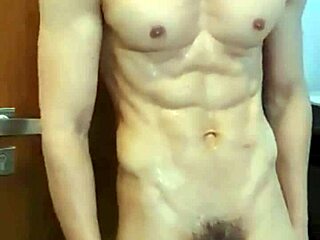 gay guy cums after intense shower bathing session