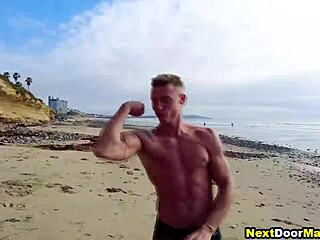 muscular gay jocks work out on a beach & fuck with face fucking