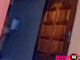 Boldly sucking stepfather's cock in bathroom while stepmother is away