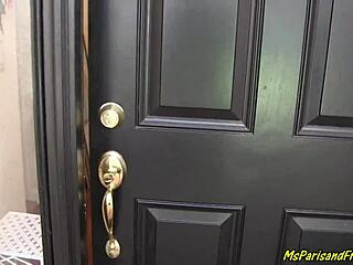 This horny slut takes care of her visitors with upskirt and shaved pussy play