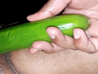 Indian wife in oiled scene with cucumber