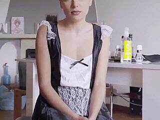 Hey, this thieving maid is masturbating on camera with her small tits out! 😏