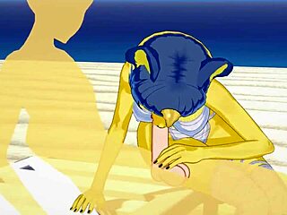 Furry Ankha from Animal Crossing in hot beach scene