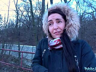 public agent picks up brunette with natural tits and pale skin for outdoor sex