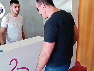 Huge gay fetish session with the laundry client in the shop.