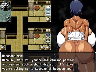 Tanned girl Natsuki fucks village friends in hentai game