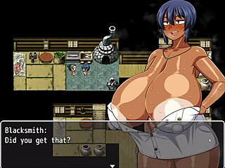 Tanned girl Natsuki fucks village friends in hentai game