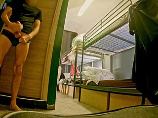 Hostel mixed room shower turns into flashing masturbation