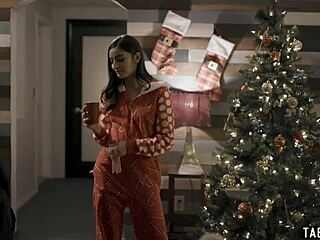 Santa sneaks a quick session with petite teen beauty at boss's home.