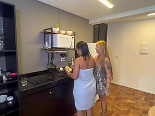 Latina Lesbians Moan in Bath with Tanned Bodies