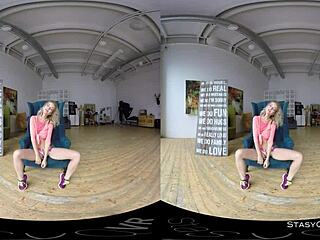 Lovely blonde amateur strips natural tits in vr