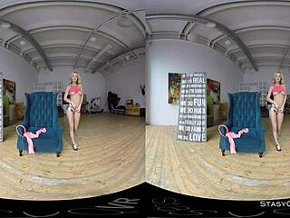 Lovely blonde amateur strips natural tits in vr