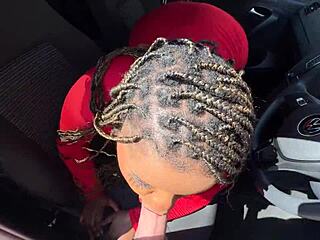 Busty black slut squirts during missionary in car