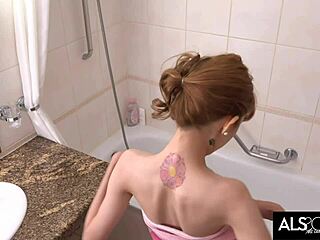 Slim teen oils up for quickie in pool tub. She works gaping pussy to intense orgasm!