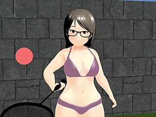 Plump animated girl swings racket with bouncing tits.