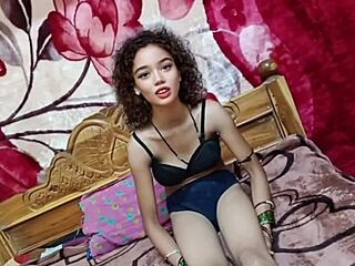 Cute Indian bhabhi strips saree for first steamy Hindi sex