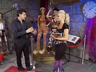 Lucky European dude in costumes joins bisexual group orgy with big tits milfs for quickie orgasms.