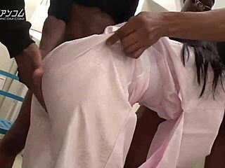 Guys, watch this Japanese shaved beauty take on huge insertions!