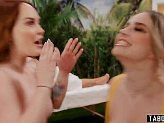 Curvy BBW sluts dominate Latina tranny on massage table!