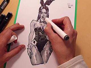 So this hot brunette in latex got sketched quick with markers. Man, her big ass in doggystyle was unreal!