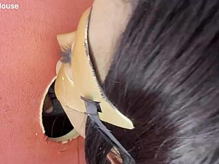 Hot bride explores shaved pussy before gloryhole encounter with tattooed stranger