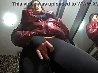Nympho wife teases in camel-toe jumpsuit with cum on jacket