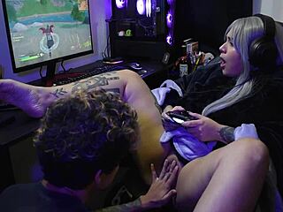 Emo prostitute with huge tits and ass gets fucked while playing Fortnite