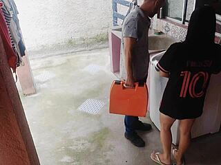 married housewife pays washing machine tech with her butt while hubby’s away.