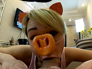 Watch this blonde piggy deepthroat a big cock and ride it cowgirl style until cum in mouth