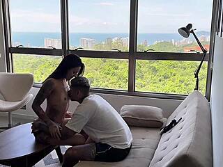 Beautiful Ebony Babe with Tattoo Rides Cowgirl in Hot Sex