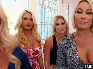 young guy gets slammed in reverse gangbang by five busty blonde milfs