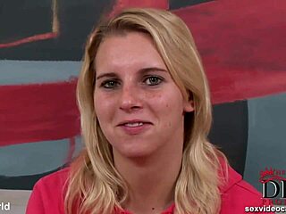 Blonde in lingerie teases shaved pussy